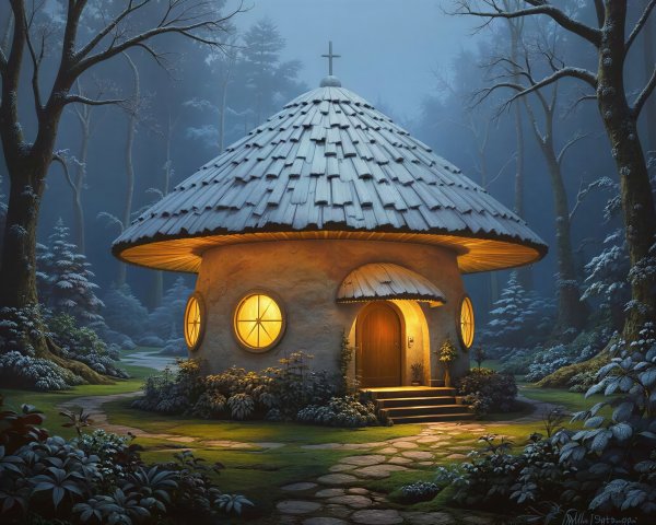 Cozy Mushroom House in a Winter Forest Setting