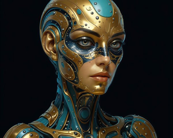 Bionic female cyborg with gold and teal plating