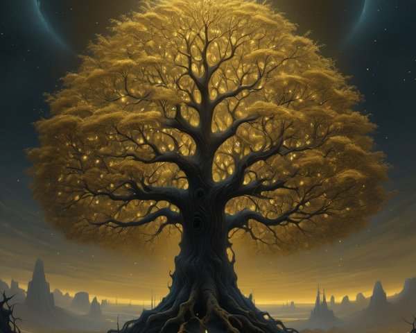 Majestic tree with glowing leaves in surreal landscape