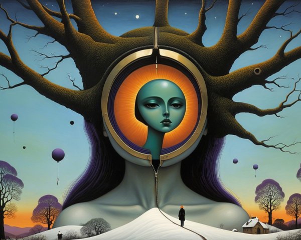 Surreal Landscape with Abstract Figure and Twilight Sky