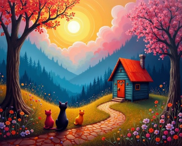 Cozy Cottage Surrounded by Blossoming Trees and Cats
