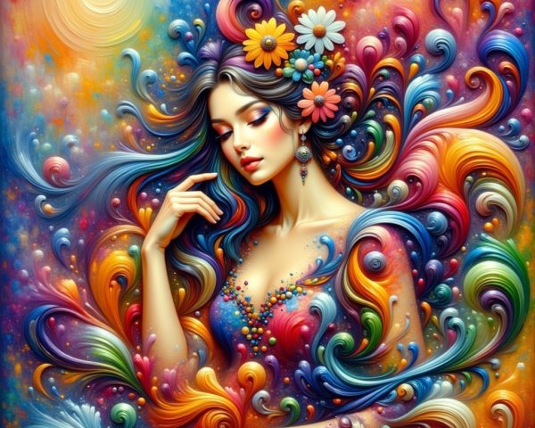 Vibrant Illustration of Woman in Rainbow Patterns