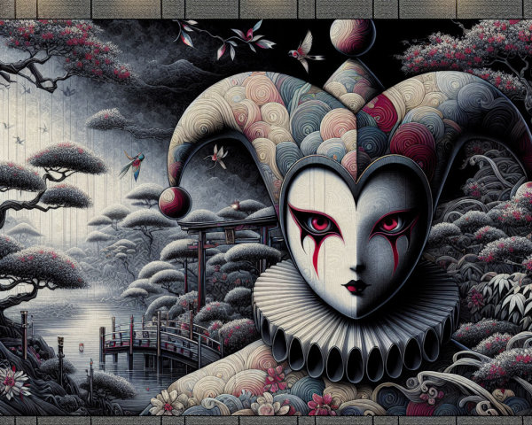 Mural of a jester figure in a serene landscape setting