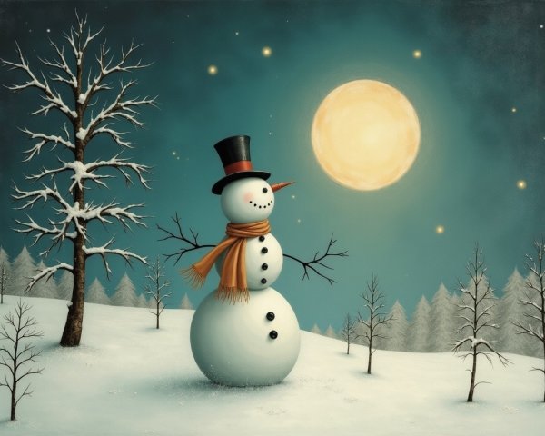 Cheerful snowman in serene winter landscape with moon