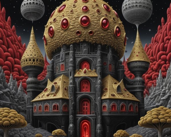 Fantastical Castle with Golden Domes and Starry Sky