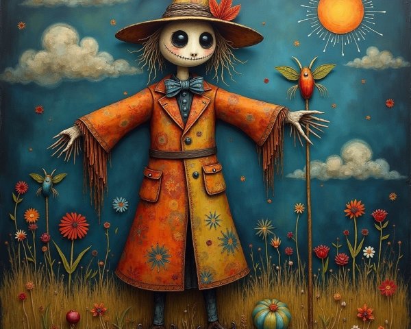 Whimsical Scarecrow in Colorful Flower Field