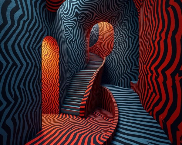Interior with Bold Red and Blue Patterns and Curved Stairs