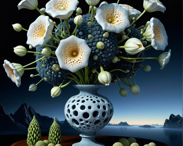 Floral Arrangement in Blue Vase with Textured Elements