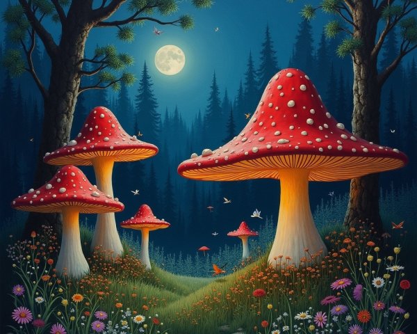 Whimsical Twilight Forest with Vibrant Mushrooms and Butterflies