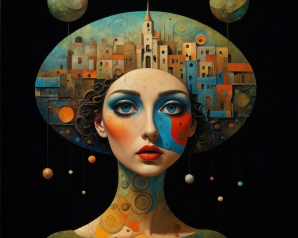 Surreal portrait of a woman with cityscape headpiece