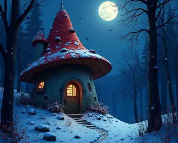 Mushroom-Shaped House in a Snowy Forest Scene