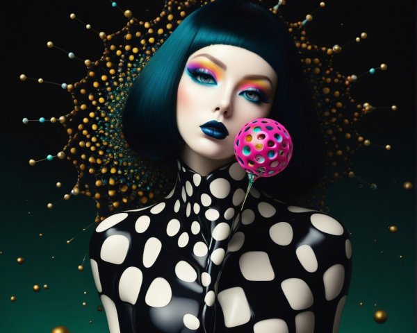 Striking Figure in Polka-Dotted Bodysuit with Halo