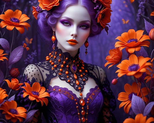 Portrait of a Woman with Purple Hair and Flowers