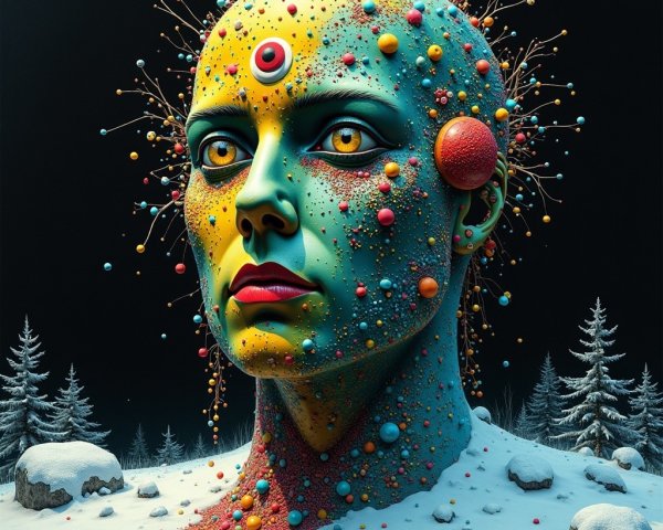 Surreal Humanoid Head with Colorful Elements in Snowy Scene