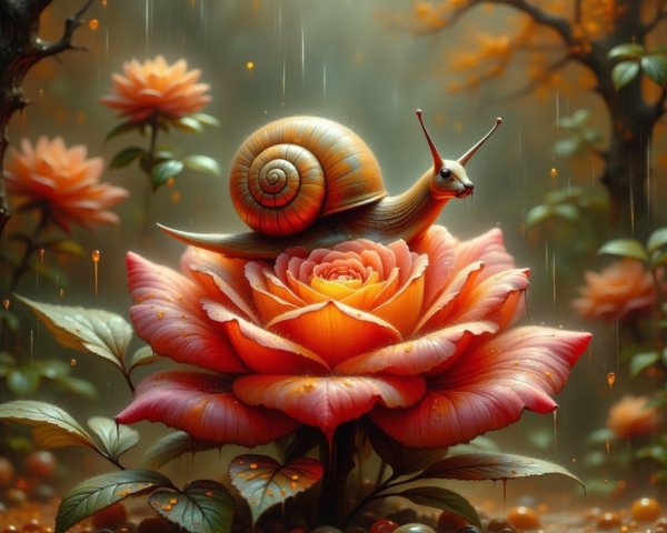 Snail on a Vibrant Rose in a Misty Forest Scene