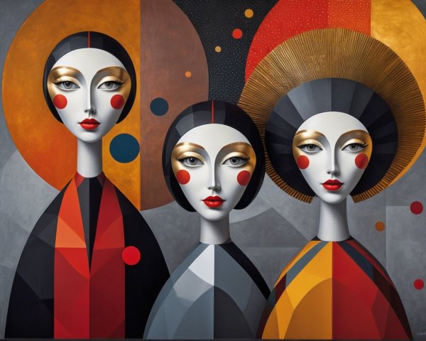 Stylized painting of three women with bold features