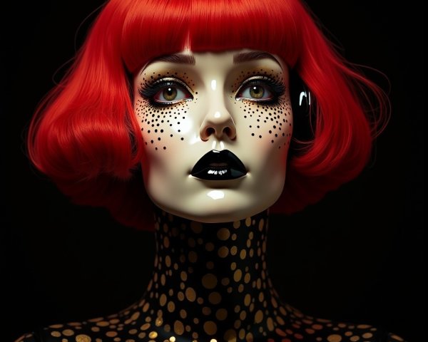 Mannequin Displaying Red Bob Hair and Bold Makeup