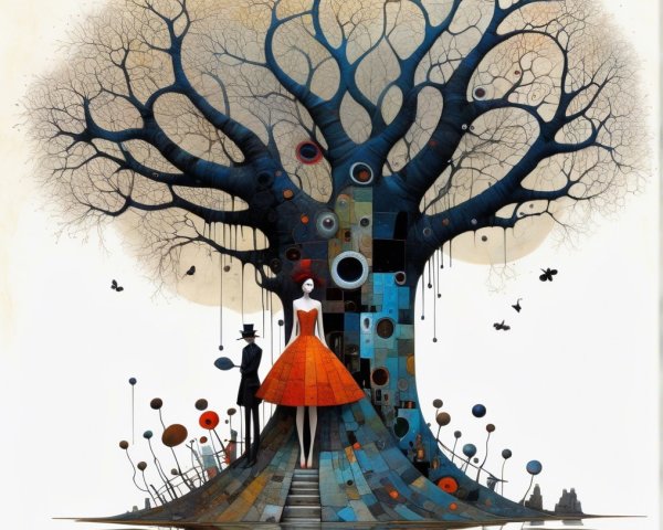 Surreal Scene of Intricate Tree and Vibrant Figures