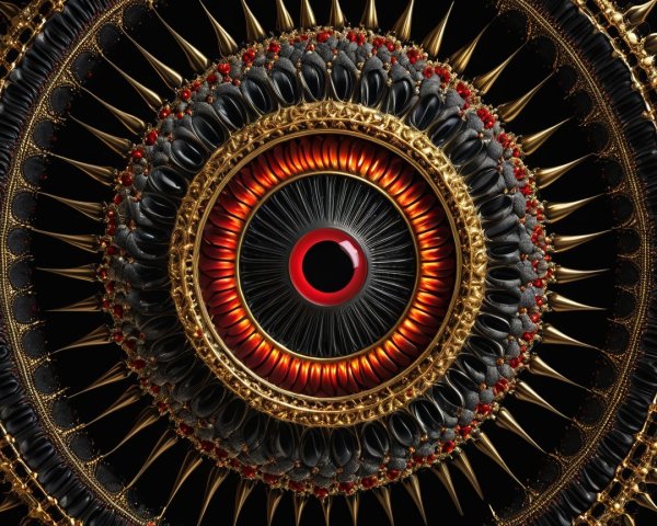 Abstract Eye Design with Golden Spikes and Red Accents