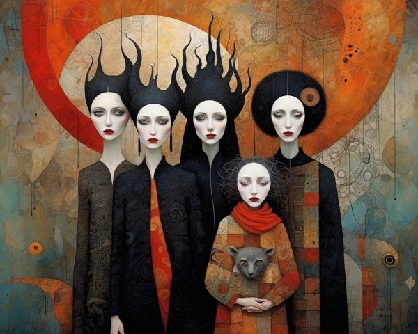 Surreal Painting of Six Elongated Figures in Colorful Scene