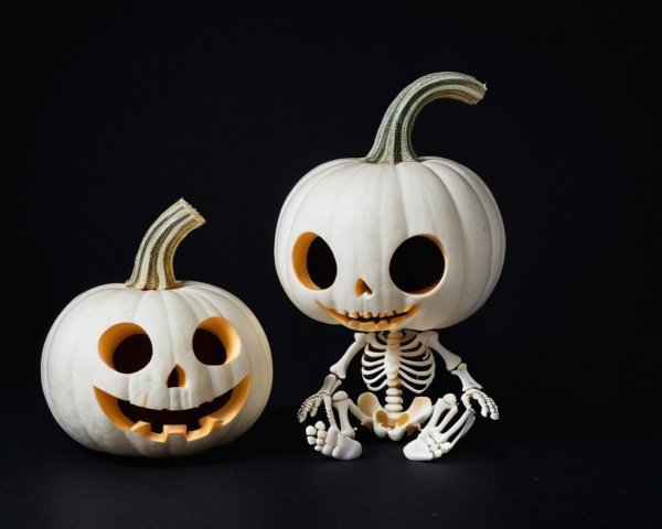 Whimsical Halloween Scene with Carved White Pumpkins