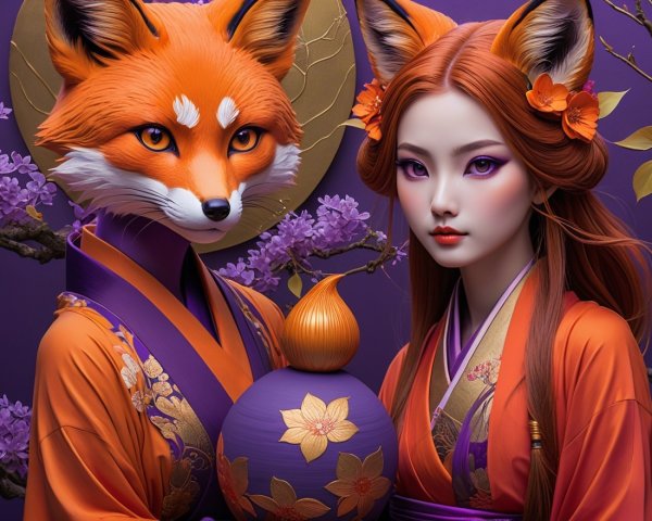 Fantastical Scene with Fox and Woman in Cherry Blossoms