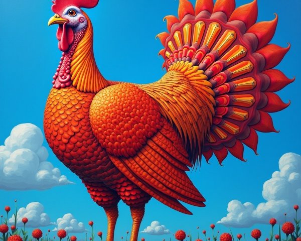 Vibrant Rooster Against Bright Blue Sky and Green Grass