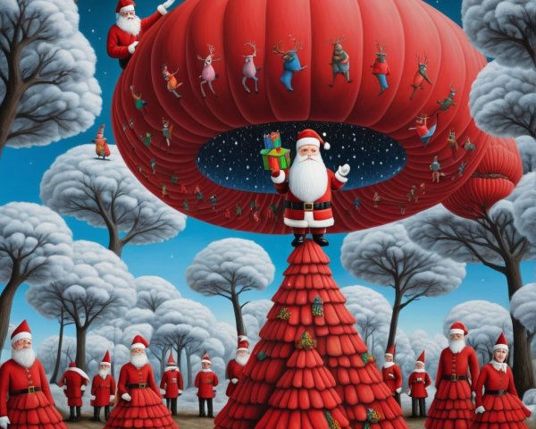 Whimsical Holiday Scene with Santas and Decorations
