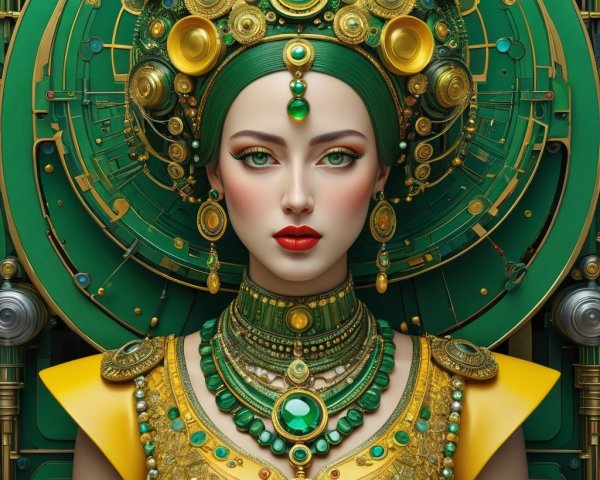 Elegant figure in golden jewelry with green accents
