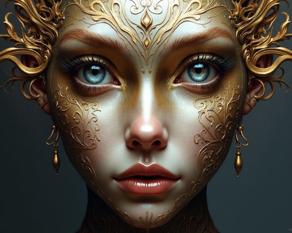 Close-up of a woman with golden facial adornments