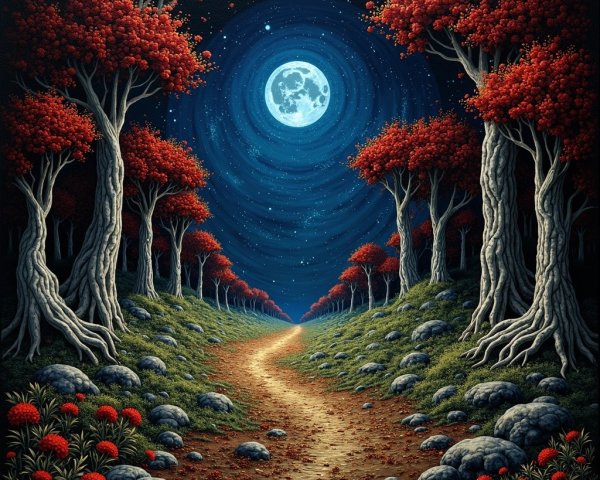 Mystical Pathway in Serene Forest Under Night Sky