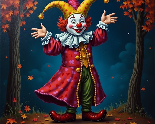 Clown in Jester Costume Among Colorful Autumn Trees