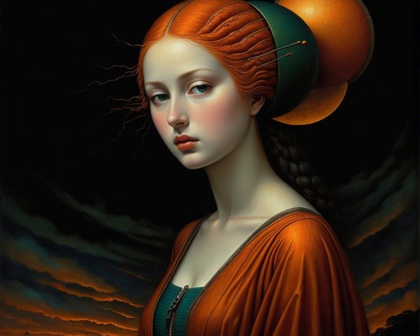 Portrait of a Young Woman with Red Hair in Orange Gown
