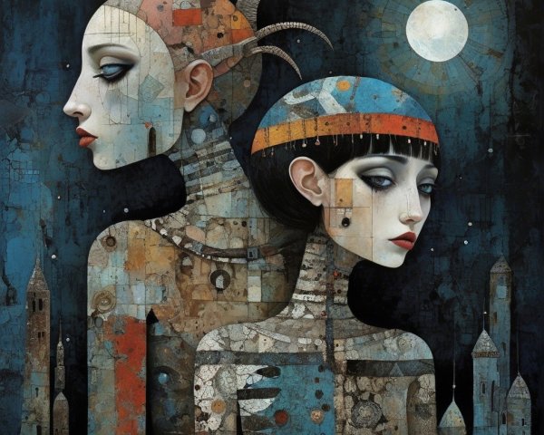 Stylized Figures in Surreal Fantasy Artwork