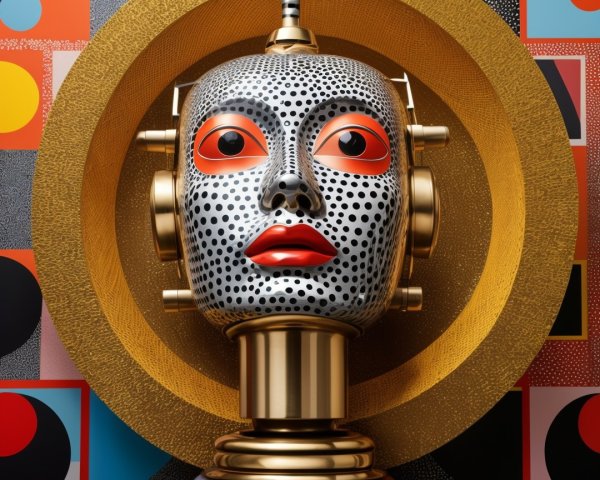 Futuristic robotic head with polka dots and red lips