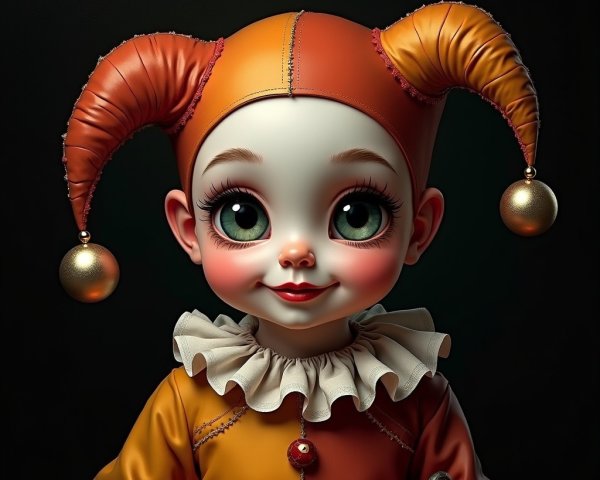 Whimsical Doll Figure in Jester Outfit with Pumpkins