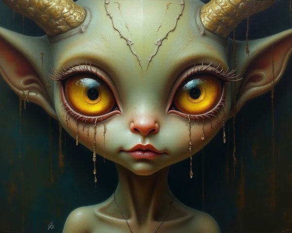 Fantastical creature with yellow eyes and prominent horns