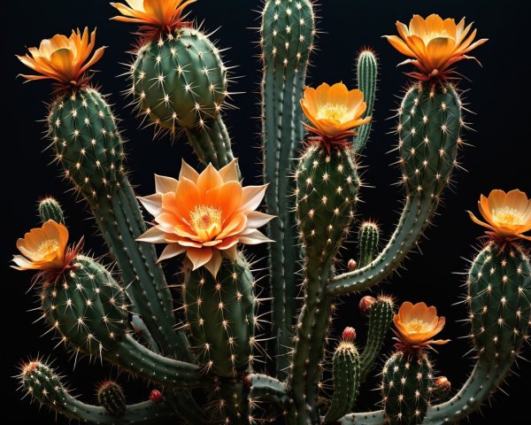 Vibrant Cacti Cluster with Orange Flowers on Dark Background
