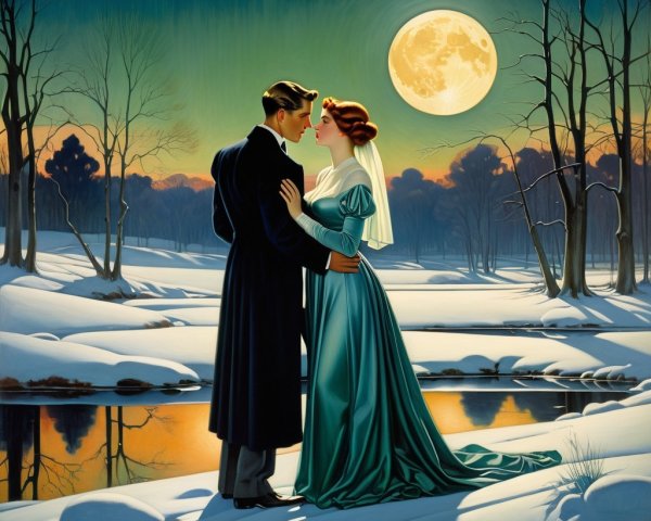Romantic Couple in Winter Landscape Under Full Moon