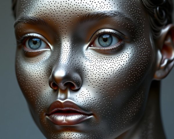 Futuristic humanoid sculpture with metallic skin and blue eyes