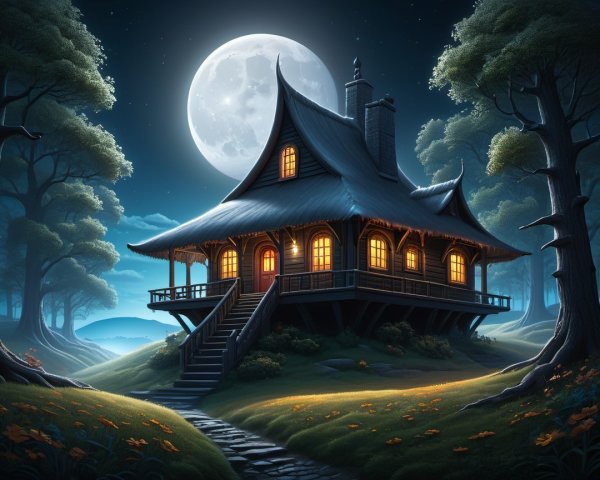 Whimsical Cottage Under a Bright Full Moon