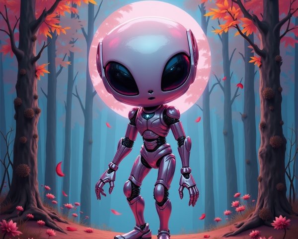 Alien Figure in Vibrant Autumn Forest Under Moon