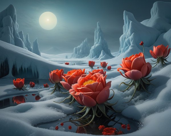 Surreal Landscape of Red Flowers in Snowy Terrain