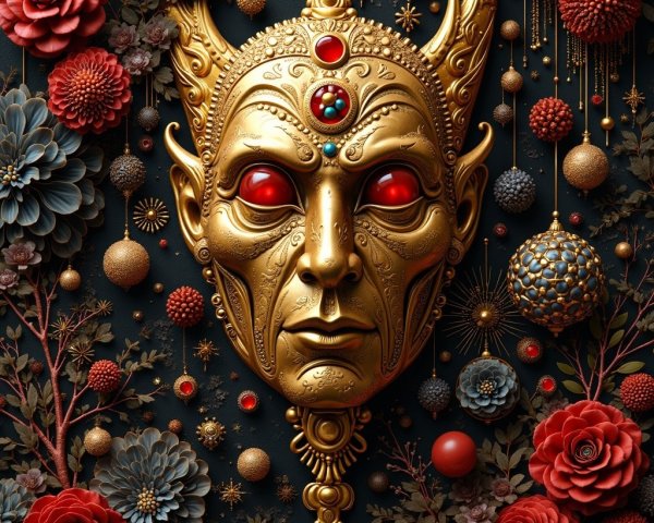 Golden Mask with Red Eyes and Floral Elements