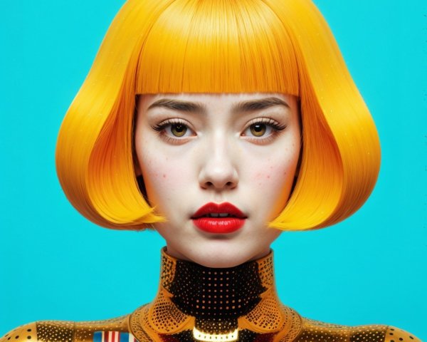 Portrait of Young Woman with Yellow Bob and Metallic Outfit