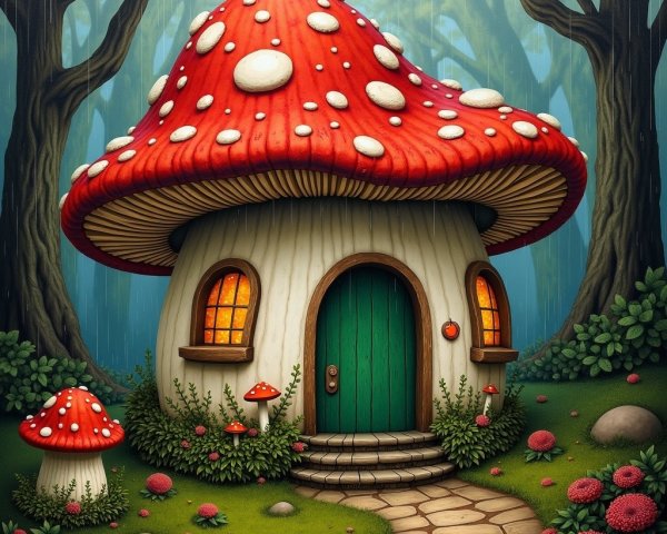 Whimsical Mushroom House in Enchanted Forest Setting