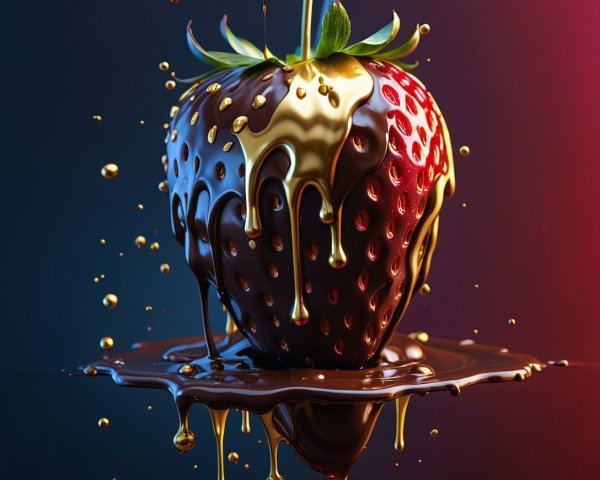 Chocolate-Covered Strawberry with Golden Drips and Background