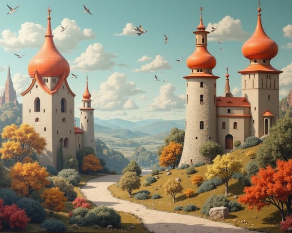 Whimsical Towers and Autumn Landscape Scene