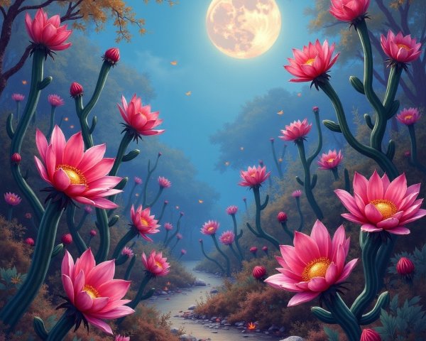 Tranquil Nighttime Scene with Lotus Flowers and Moon