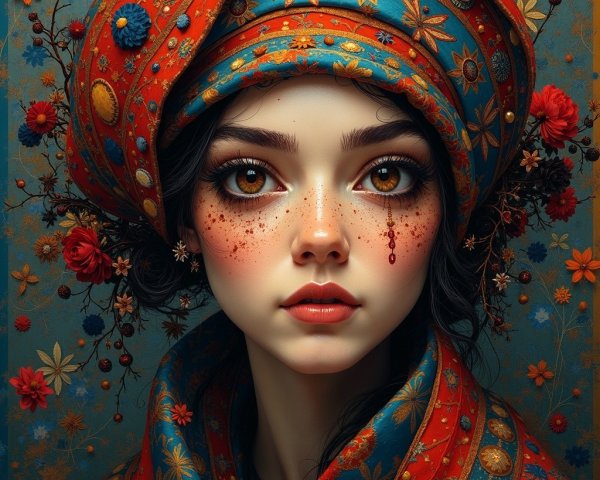 Young Woman in Colorful Floral Headscarf and Makeup